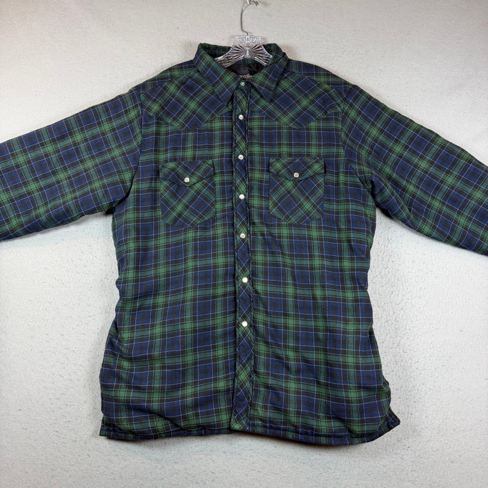 Wrangler Shirt Jacket Mens L Western Plaid Green Blue Quilted Snap Button-down